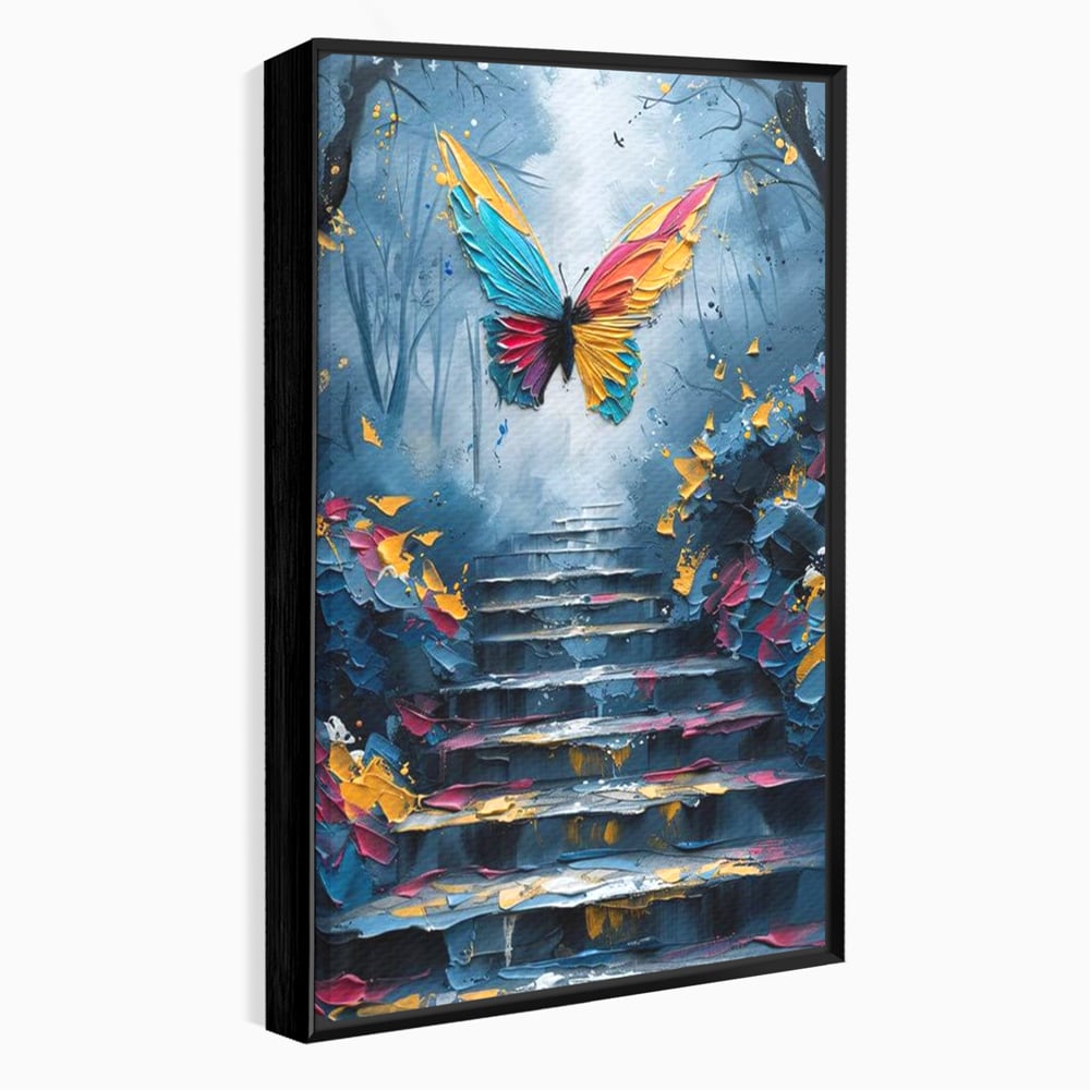 Tablou canvas cu tablou canvas cu fluture multicolor si scari, in rama de aluminiu negru